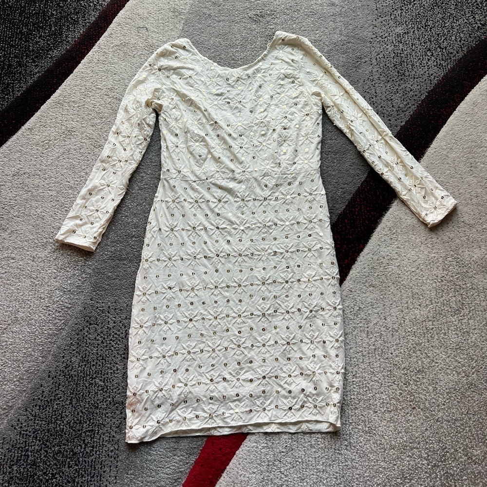 Free People Ivory Flower Embroidered Gold Sequined Bodycon Dress